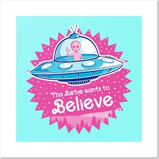 Pink Alien Wants to Believe blue UFO version Posters and Art